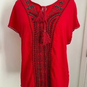 Ariat Red Pull Over Top Embellished Front with Tassel Tie Size Small